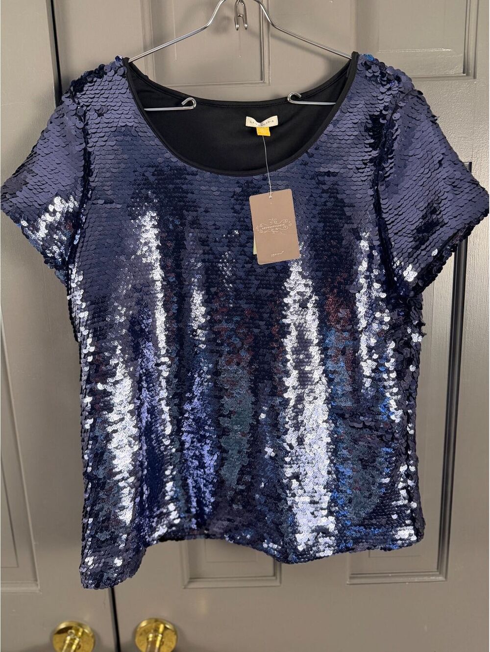 NWT Leifsdottir for Anthropologie All-Over Sequin Scoop Neck Top - Navy Blue